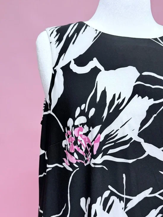Anne Klein Sleeveless Black Floral Swing Dress with Pink Accents - Picture 3 of 8